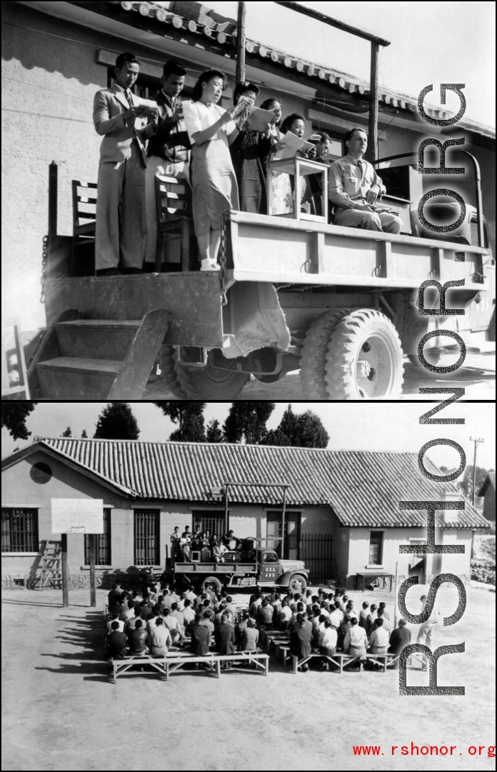 Religious services somewhere in the CBI, most likely in Yunnan province. A choir and chaplain use a truck as a handy mobile stage.