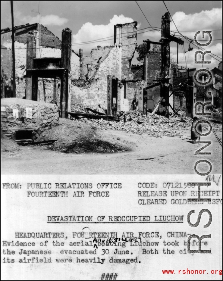 Evidence of the aerial and artillery beating Liuchow (Liuzhou) took before the Japanese evacuated on June 30, 1945. Both the city and its airfield were heavily damaged.