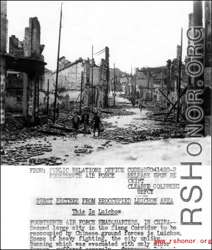 Second large city in the Siang Corridor to be reoccupied by Chinese ground forces is Liuchow (Liuzhou). Scene of heavy fighting, the city unlike Nanning which was evacuated with only minor damage, suffered severely...