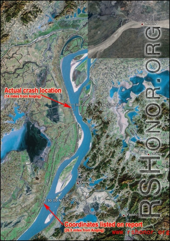 After a day of search and verification, the crash site was finally confirmed at coordinates 30 20.654 N 116 53.688 E, which is about 14 miles from Anqing city (listed as "Anking" in war-era documentation).