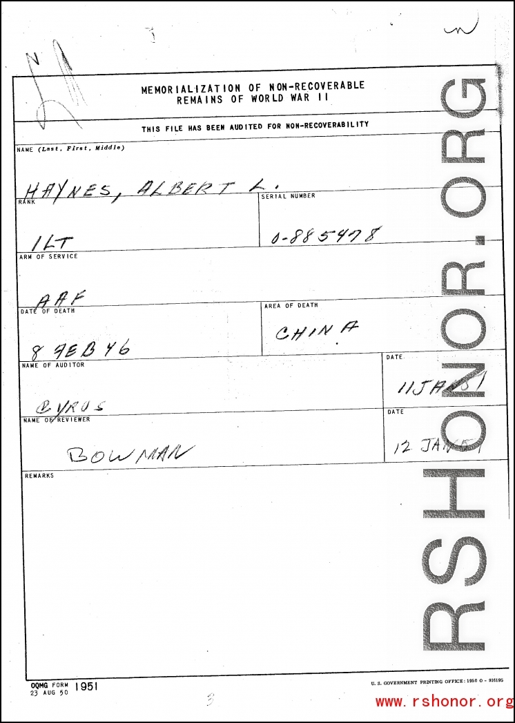 Individual Deceased Personnel File (IDPF) for Albert L. Haynes, MIA, China.