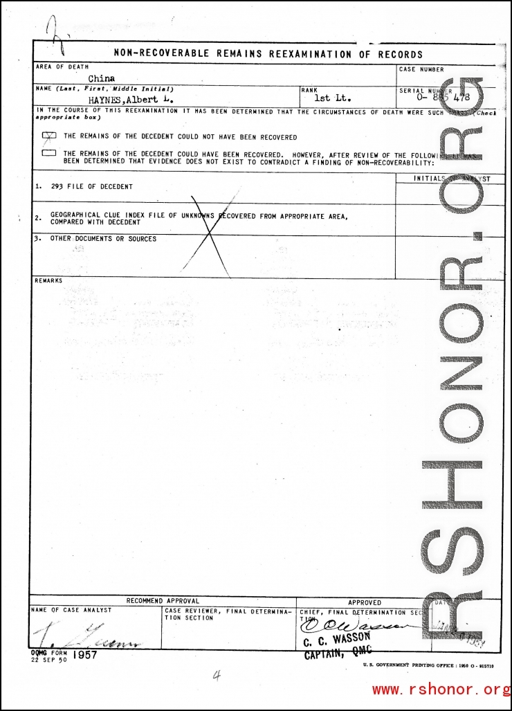 Individual Deceased Personnel File (IDPF) for Albert L. Haynes, MIA, China.