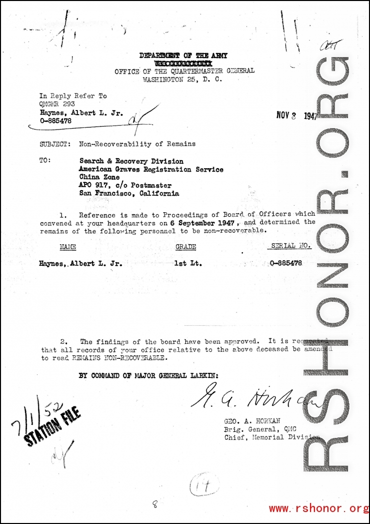 Individual Deceased Personnel File (IDPF) for Albert L. Haynes, MIA, China.