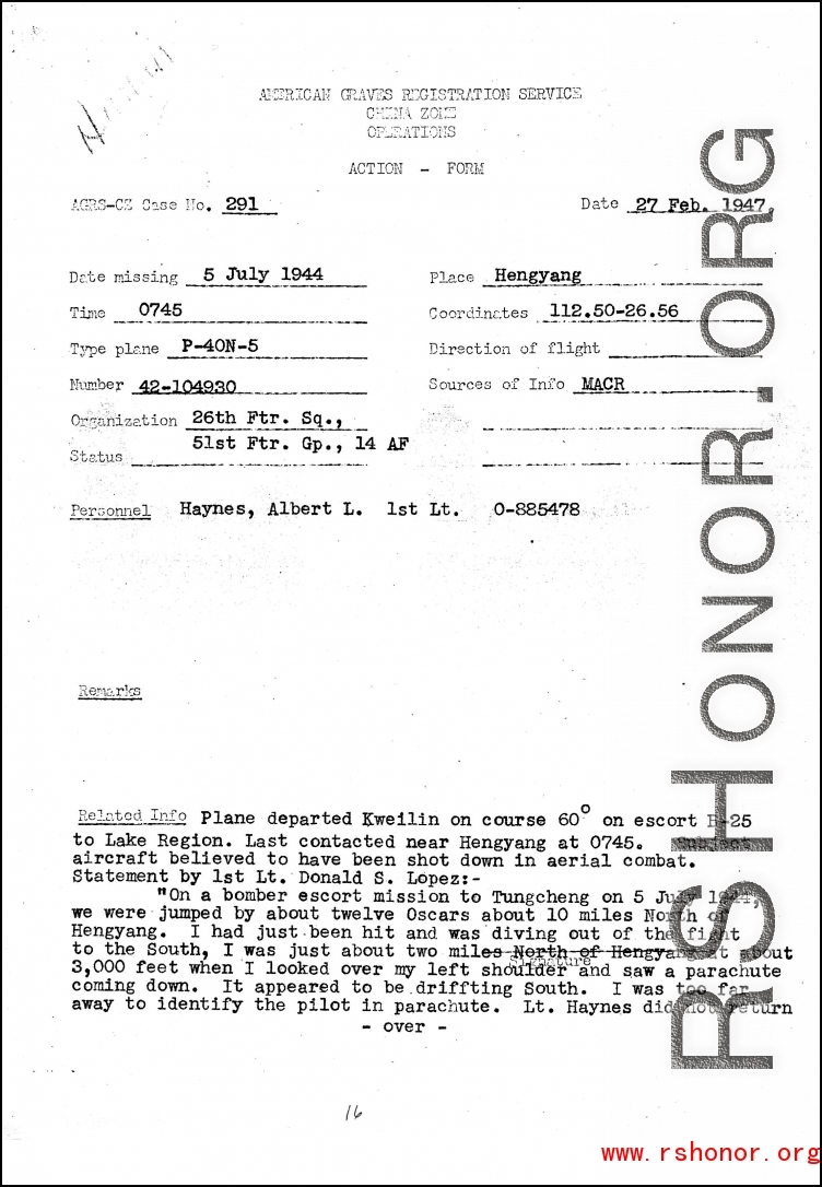 Individual Deceased Personnel File (IDPF) for Albert L. Haynes, MIA, China.