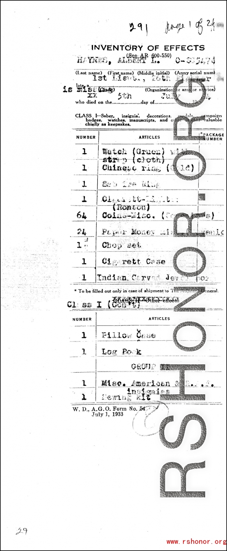 Individual Deceased Personnel File (IDPF) for Albert L. Haynes, MIA, China.