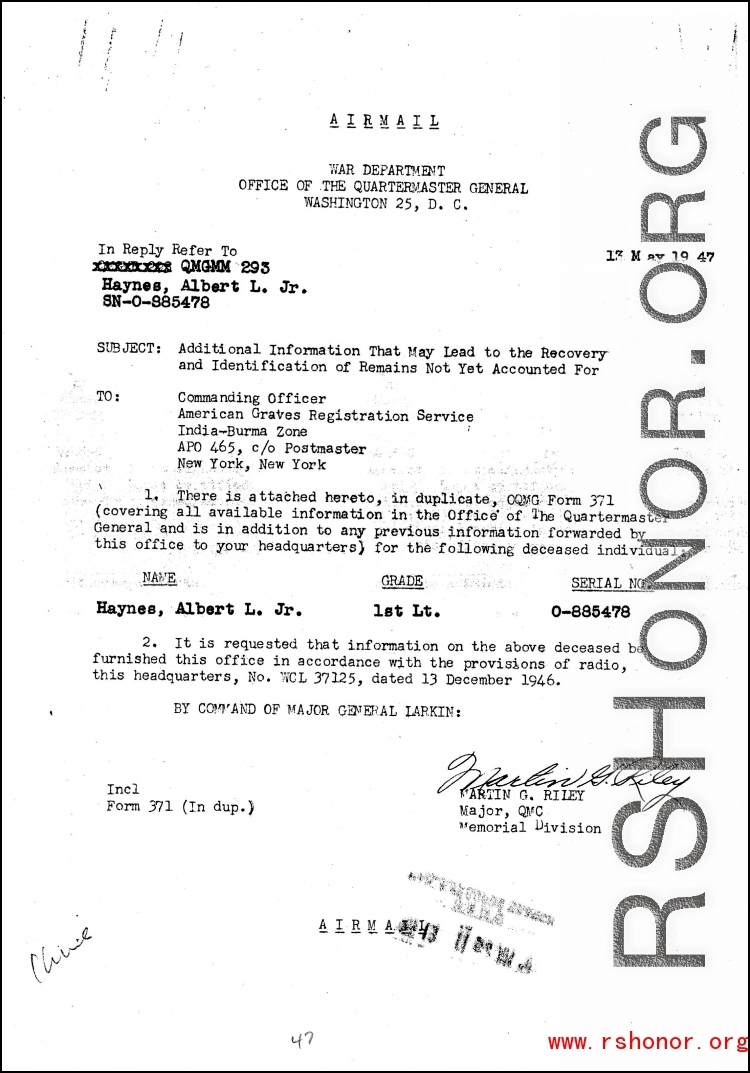 Individual Deceased Personnel File (IDPF) for Albert L. Haynes, MIA, China.