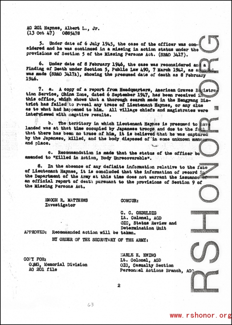 Individual Deceased Personnel File (IDPF) for Albert L. Haynes, MIA, China.