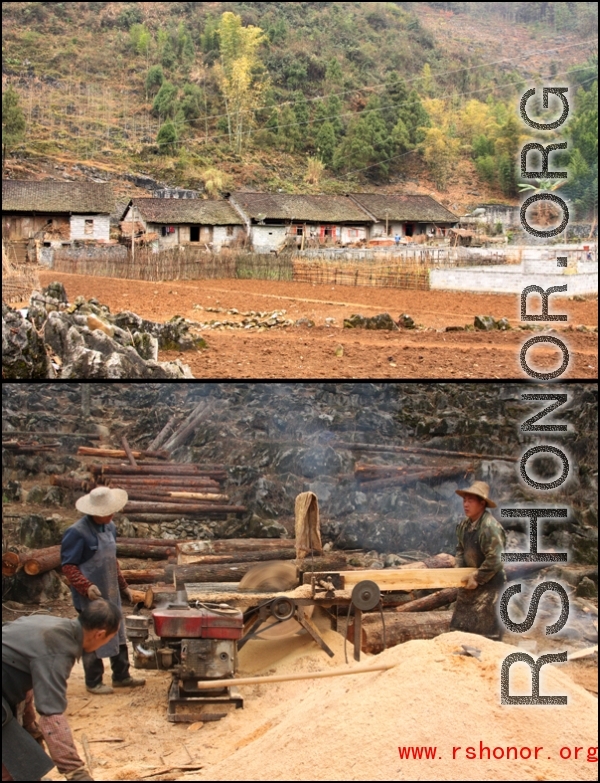 Images from January 14, 2008 visit to a WWII US crash site at Bamo township, in Tian\'e county, Guangxi province.     The village nearest the crash site, and some local village industry.