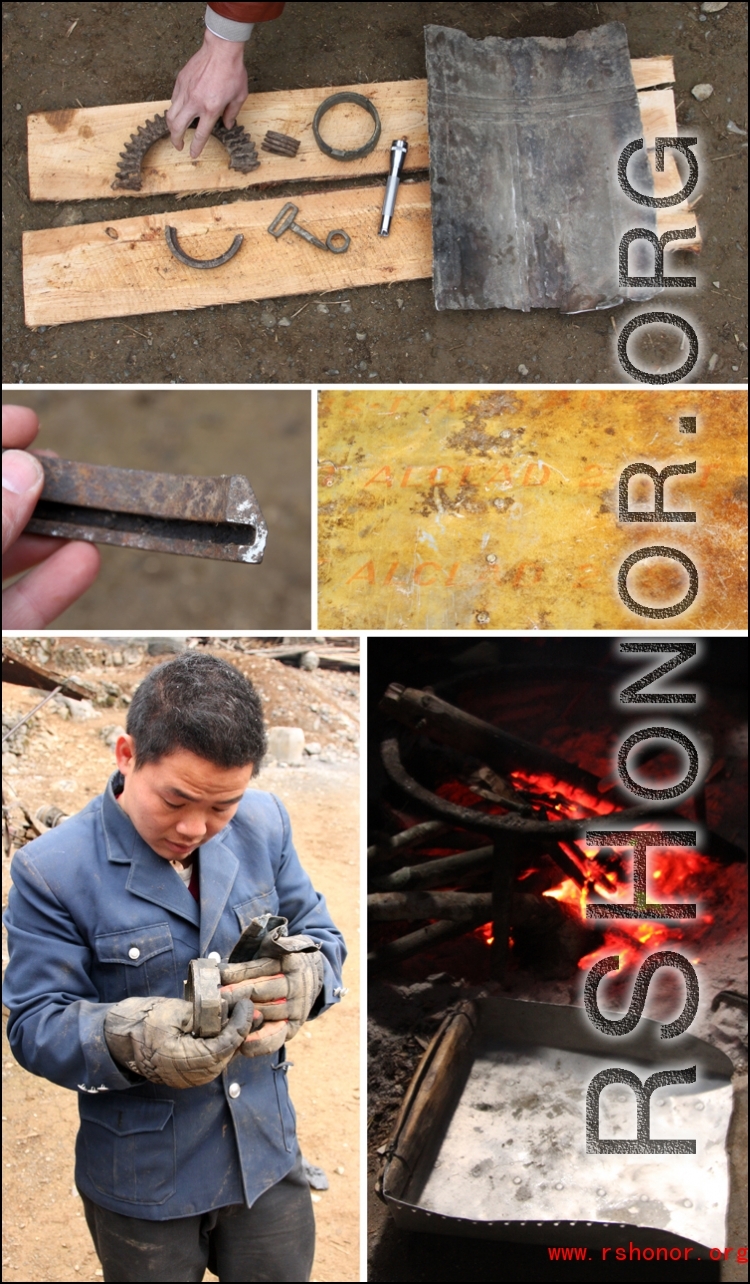 Images from January 14, 2008 visit to a WWII US crash site at Bamo township, in Tian'e county, Guangxi province.     A few items from the crashed plane that remain in the village.   A young man helps clean up a large brass ring, in the hopes of finding writing or a part number.  The aluminum skin is labeled "ALCLAD 24S-T".   The "AA" maglite is included for scale.