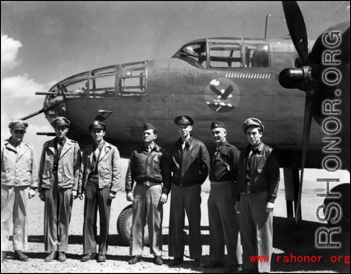 Gen. Claire Chennault, Commander of 14th Air Force made a "surprise" visit to Yangkai in February 1944 to brief the flight leaders on a new bombing technique. Here he stands with officers of the 341st Bombardment Group (BmGrp), 11th, 22nd and 491st Bomb Squadrons. From left; Col. Caleb Haynes(?), Maj Edison Weatherly (22nd C.O.), Maj. James Callaway (491st CO), B.Gen Claire Chennault, Lt. Col. Morris Tabor (341st C.O.), Maj McIntire (C.O. Yangkai AB), Maj. Soper (341st HQ staff). The 22nd Bm Sq early insi