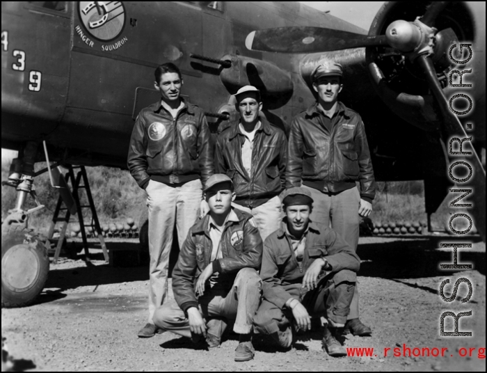 Posing with the B-25J #439, "Niagra\'s Belle", this air crew of the 491st Bomb Squadron includes (l-r, back) Capt. James E. Andrews (pilot), T/Sgt George A. Penny (flight engineer), Lt. Frank J. Belot (bombardier) and (l-r, front) T/Sgt John W. Schmidt (radio), S/Sgt David E. Williams (armorer-gunner). Photo was taken at Yangkai, China. (Information provided by Tony Strotm