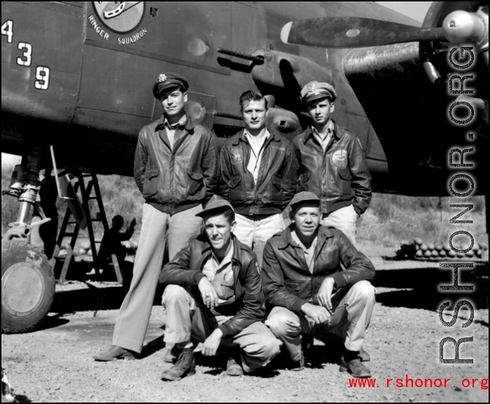 Posing beside B-25J # 439, "Niagra's Belle", of the 491st Bomb Squadron, are crewmembers; (left to right, back) Capt Kenneth R. Bridges (pilot), S/Sgt Joseph T. Young (flight engineer), Lt Arthur J. White, Jr., (bombardier); (front) T/Sgt James E. Starling and S/Sgt John H. McGee. Photo was taken at Yangkai, China. Later Ken Bridges (January 19, 1945) and John McGee (April 2, 1945) were Killed In Action.
