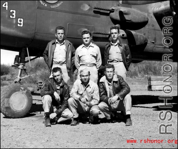 Photo opportunity with B-25J, #439, for these aircrew members of of the 491st Bomb Squadron at Yangkai, China. The officers (rear) are Capt. Ralph P. Borgesson (pilot), Lt. Donald L. Dalton (copilot), Lt Paul W. Boeyink (bombardier) and in the front are S/Sgt Maynard T. Mann (engineer), T/Sgt Leonard C. Stamey (radio) and S/Sgt Mortn A. Giles (gunner).