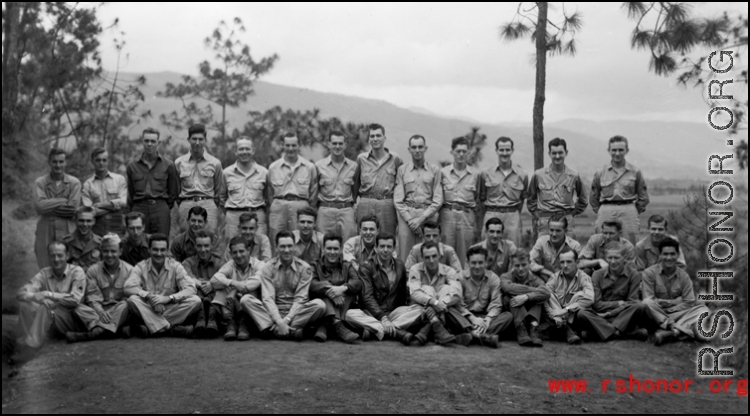 Group photo of 491st Bomb Squadron maintenance and support personnel in early October 1944. This group had received notification they were being sent back to the USA after two years in the CBI theater. Photo was taken on 'Red Dust Hill', the hostel area of Yangkai Air Base, Yunnan province. Capt. William DeVries, Engineering Officer, is in the back row, sixth from the right. Other men await identification. (Information from William Devries, deceased; provided by Tony Strotman)