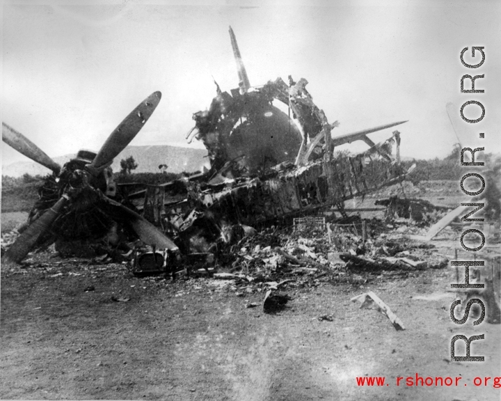A wrecked and burned airplane in SW China during WWII.