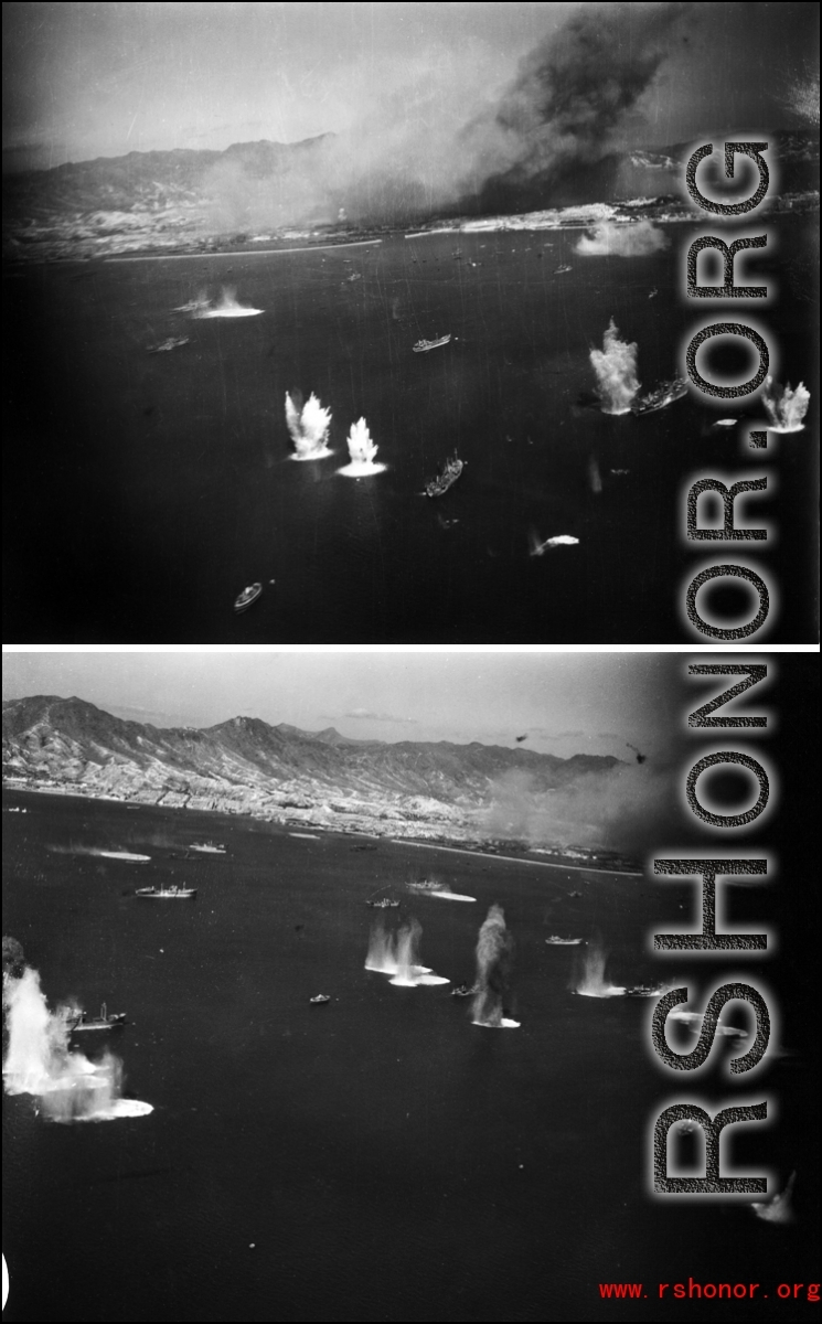 Fury and havoc on Japanese shipping. These two images, in such close succession, tell us that there were at least two photographers on that mission. From a mission on Hong Kong, 491st Bomb Squadron.