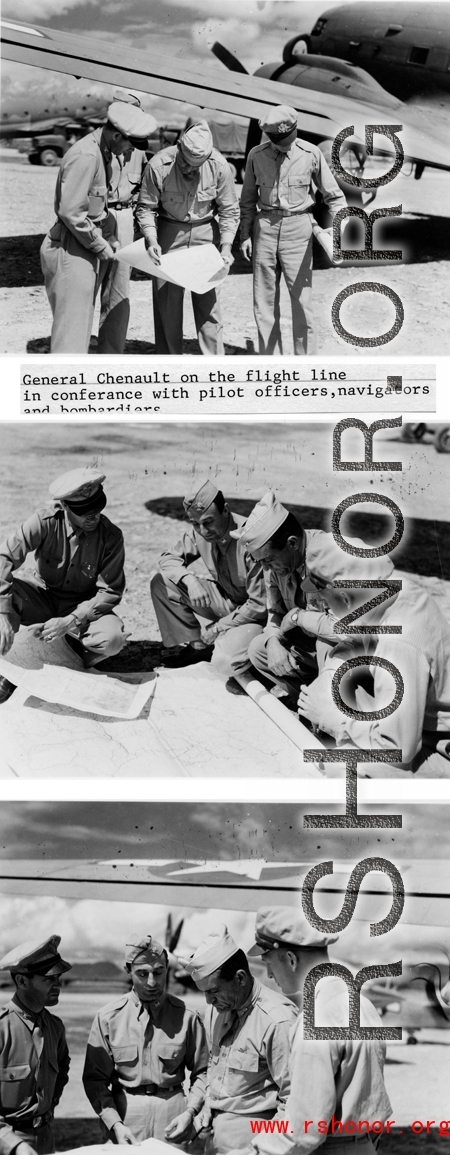 General Chennault on the flight line in conference with pilot officers, navigators, and bombardiers, while a camera crew catches it all in this contrived scene.