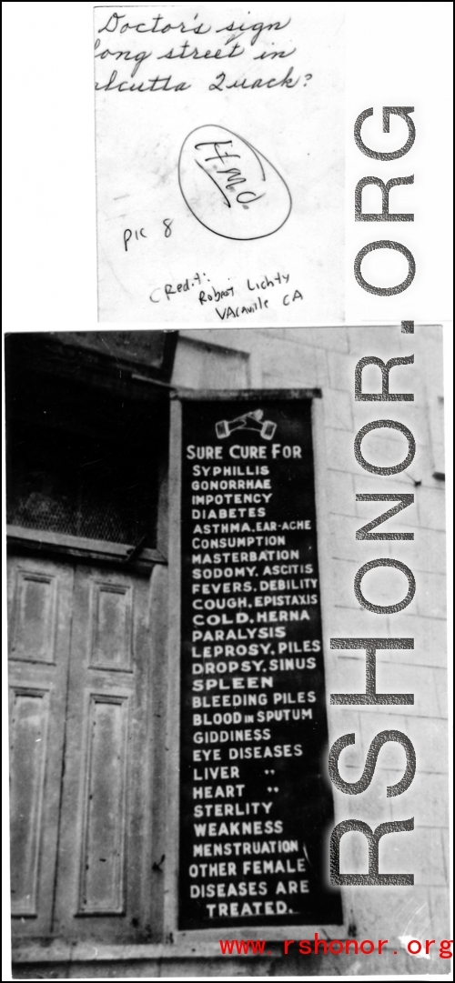 A sign for a cure-all doctor in Calcutta during WWII.  Photo from Robert Lichty.