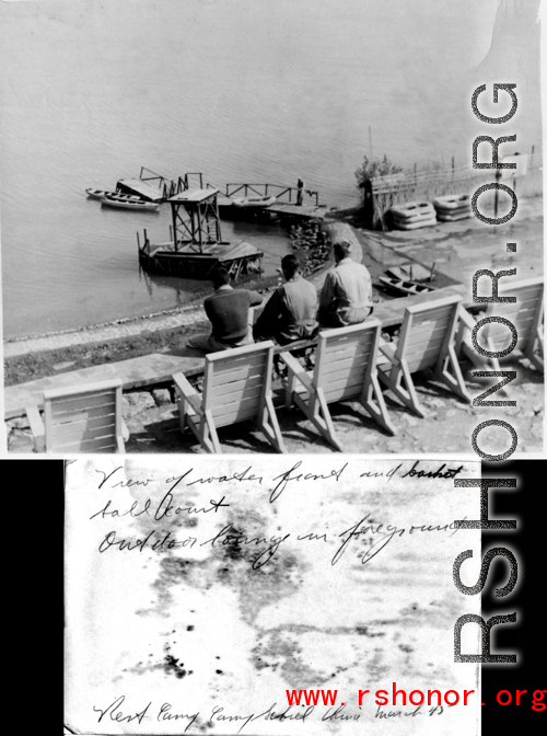 Overlooking the swimming and basketball areas at Camp Schiel, March 1945.