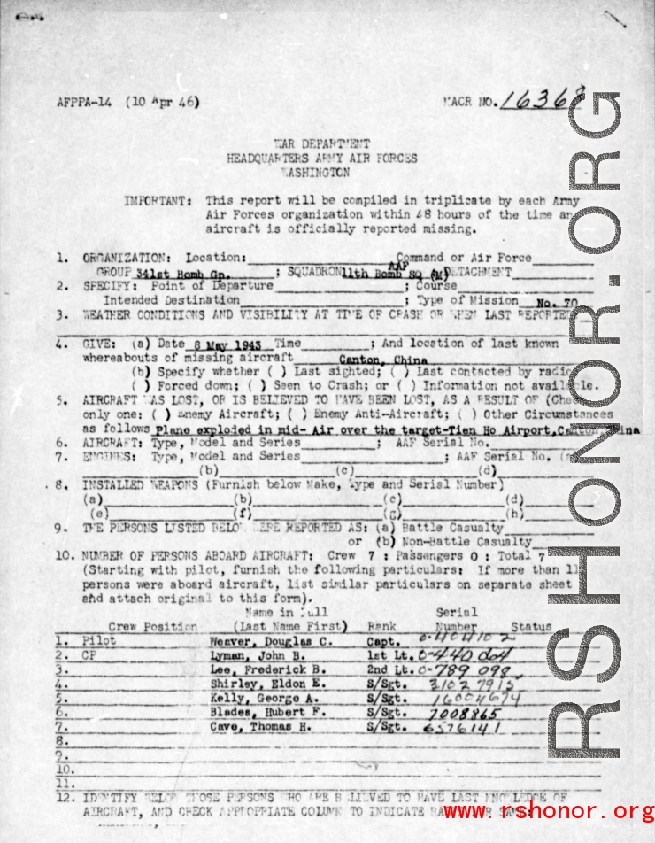 The Missing Air Crew Report (MACR) for the loss of a B-25 "Lonesome Polecat" with the crew of Blades, Weaver, Lee, Shirley, Minden, Cave, Lyman, Frederick, and Kelly in 1943 near Tian Hoa (Tianhe), Canton.