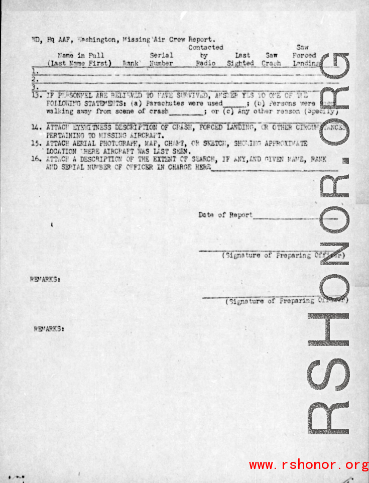 The Missing Air Crew Report (MACR) for the loss of a B-25 "Lonesome Polecat" with the crew of Blades, Weaver, Lee, Shirley, Minden, Cave, Lyman, Frederick, and Kelly in 1943 near Tian Hoa (Tianhe), Canton.