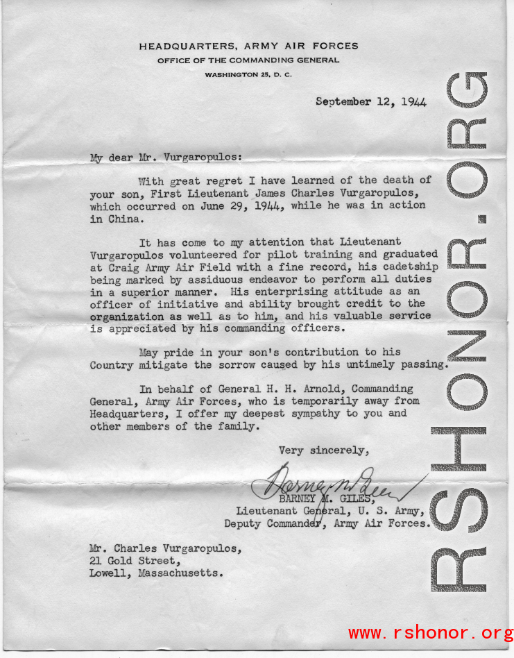 A condolence letter to the family of Lt. James C. Vurgaropulos, who died during a mission in 1944 in China.  
