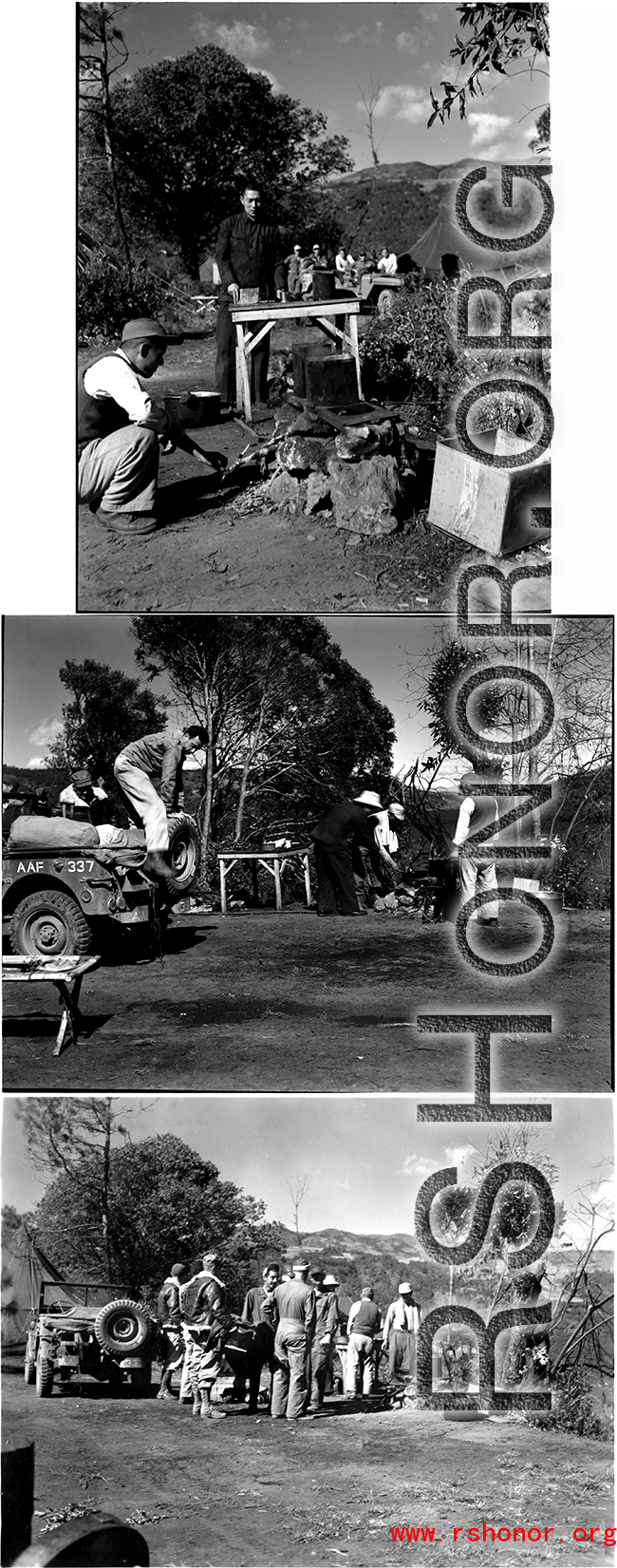 Life around the camp, including the business of cooking a meal over the open fire--Notice that a number of Chinese men are helping with the fire and meal. Presumably these are staff from the Yangkai airbase who have come along to help.