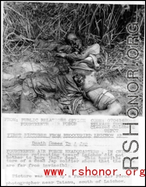 Death Comes To A Japanese Soldier Fourteenth Air Force Headquarters, In China--  Japanese retreating toward Liuchow did not bother to bury their dead. This horrible picture of a dead Jap soldier show that the Nips are far from invincible.