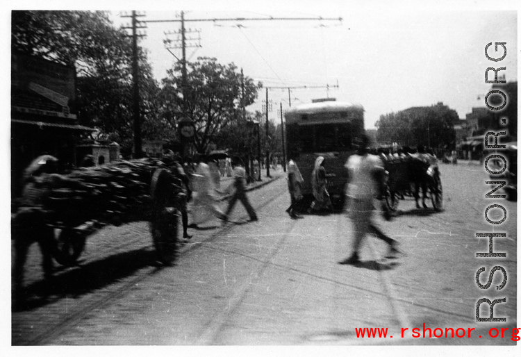 Street and trolley in India during WWII.