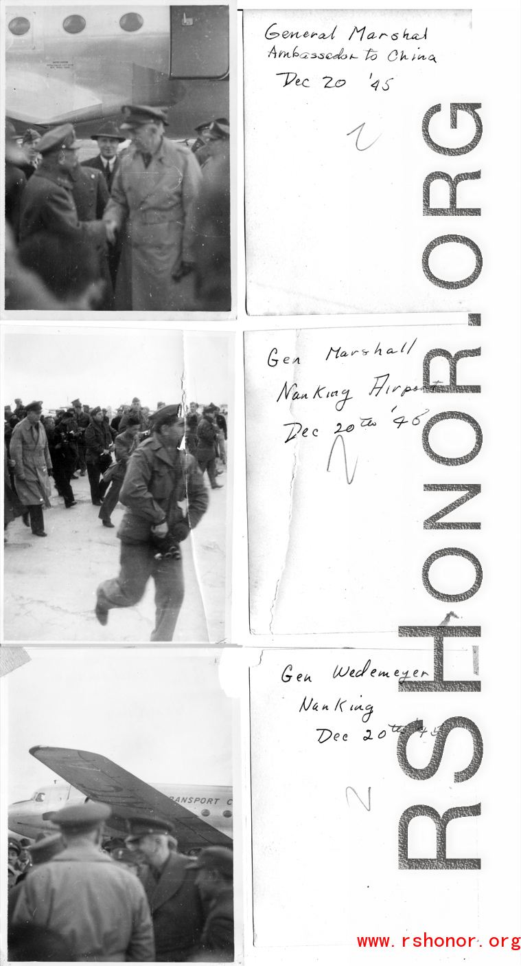 Generals Marshal and Wedermeyer in the city of Nanjing (Nanking) in China during WWII, at the Nanjing Airport, December 20th, 1946.