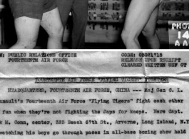 A boxing match between 14th Air Force soldiers Mark M. Conn, Fred Andrews, and Johnny Babic.