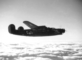 B-24 bomber "The Snark" in flight  in the CBI.    From the collection of Hal Geer.