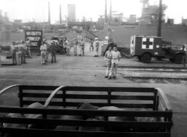 A ship and medical transport at the No. 1 Berth of the Princep Ghat in India, during WWII.