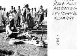 Snake charmer blowing flute in Assam, India, 1944.