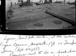 xxx"Lynn, Great Falls, Montana, at the controls. Eugene Bowers, Deepwater, New Jersey, and Lou Smith, of Tennessee (left to right).  Bowers used to do a back dive off the barge loaded with deck cargo, swim under the 110' barge and 40-plus foot catamaran, while we were underway, and catch a trailing lifeline with preserver attached.   Hooghly River (Howrah bridge in background, looking north, Calcutta on the right, and Howrah on the left.)"