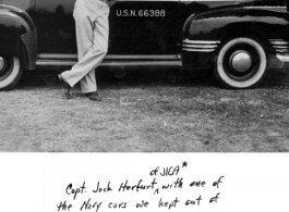 Capt. Jack Herfurt, of Joint Intelligence Collection Agency (JICA), "with one of the Navy cars we kept out of the Theatre Motor Pool." New Delhi, 1944.