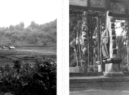 Farm paddies with raised sheds used to watch the fields at night as the produce matures; GI standing in archway. During WWII.