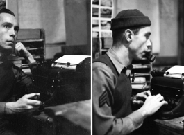 An American serviceman in the CBI working at typewriter.  From the collection of Wozniak, combat photographer for the 491st Bomb Squadron, in the CBI.