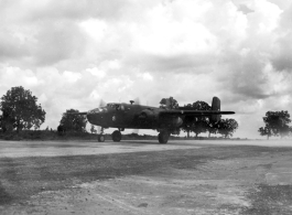 A B-25 of the Ringer Squadron in the CBI, with engines running.  From the collection of Wozniak, combat photographer for the 491st Bomb Squadron, in the CBI.