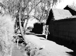 Local people in China: A youth walks a path through a village during WWII.