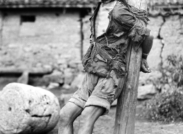 An impoverished possible criminal or suspect tied to a post in WWII China, as a form of punishment.
