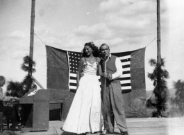 Pat O'Brien's USO troupe performs at an American airbase in China in October 1944--Here  Pat O'Brien and Jinx Falkenburg perform.