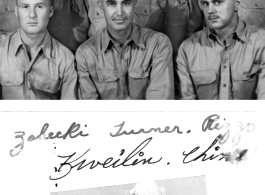 Members of 396th Air Service Squadron with shaved heads during WWII. Back: Zabecki, Turner, Rizzo. Front: Bausueger, Kriewitz, Weidenbrenner. Elmer did not remember why they had shaved their heads.  Photo from R. M. Kriewitz.