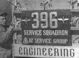 “Yang Tong Air Base, Kwelin (Guilin),China,1944. This is the 396th Air Service Squadron logo with Joe Goodman the guy that designed and built it. This was just one of many items that Joe designed and built."