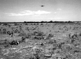 An American B-25 bomber flies at minimum altitude, probably during training/practice of 'low-level attack techniques', for 'skip bombing'. During WWII.