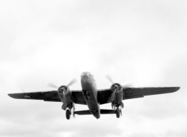 B-25 Mitchell bombers take off from an airstrip, possibly Yangkai (Yangjie) air strip in Yunnan province, China.