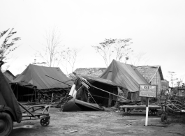 Damage to 61st Air Service Group's propeller repair area and "Engineering Shops" after a tornado on the flight line at Shamshernagar, Assam (India).