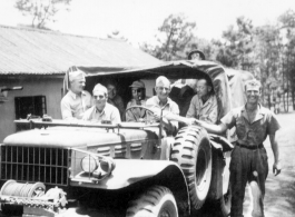 GIs Derby, Daggett, Trombley, unknown, Charlie Zangle, Wayne E. Cooper, Peter J. Bertani, Aug. 5, 1944. Probably at Yangkai.