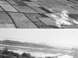 In these three images, we see a train being attacked--strafed by machine gun--in either SW China, Indochina, or the China-Burma area.  Interestingly, the train is in the midst of an area of trees along the track, and seems to be stopped there (notice it has note moved between photos), possibly as an attempt at camouflage. As the war progressed, American air superiority became the rule in this region, and Japanese ground forces were eventually largely unprotected from American attacks, and suffered tremendou