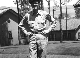 GI poses in hostel area at Yangkai air base during WWII.